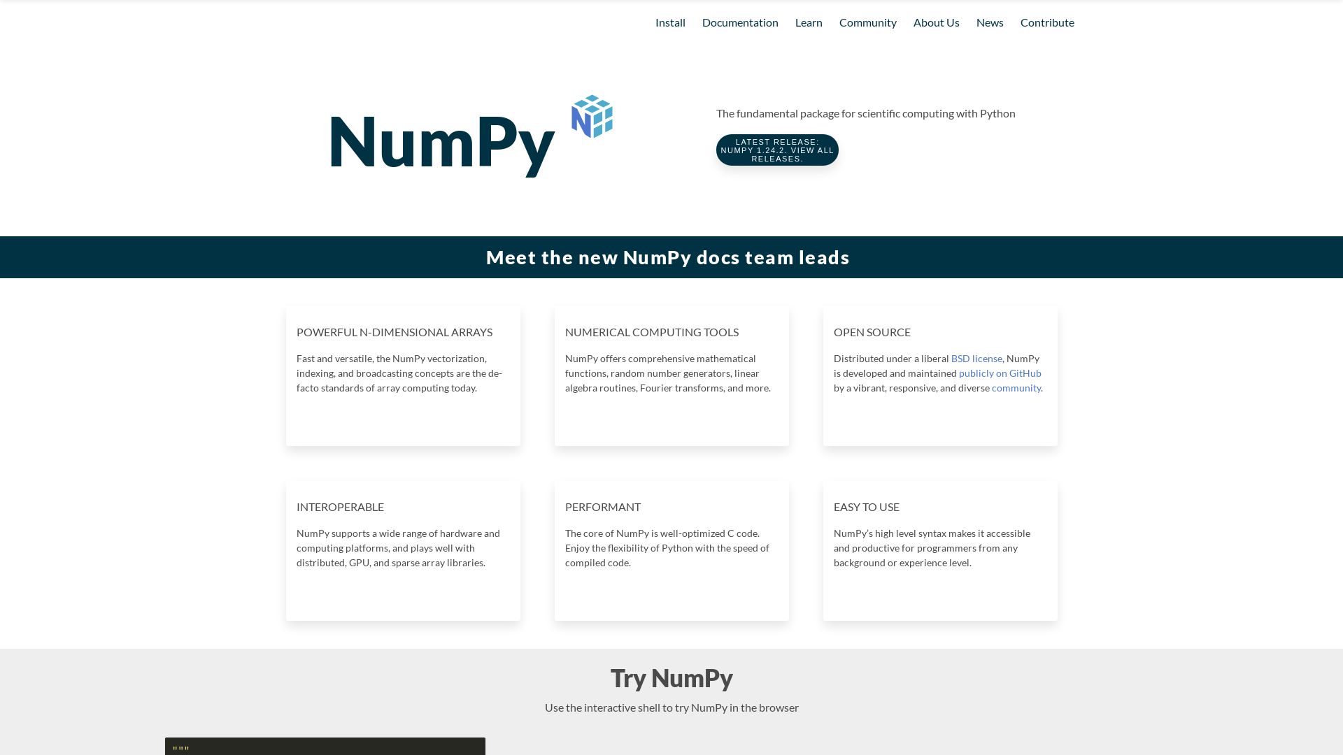 Stato del sito web numpy.org è   ONLINE