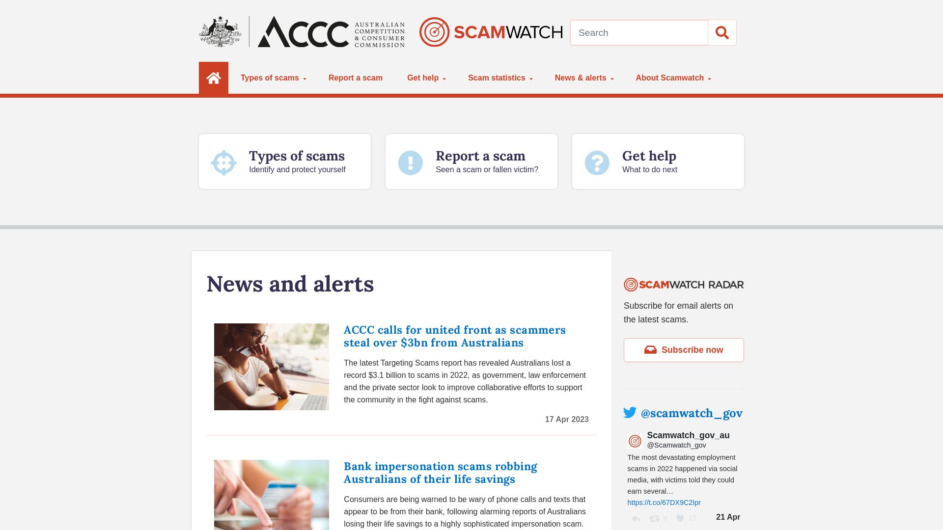 Stato del sito web scamwatch.gov.au è   ONLINE