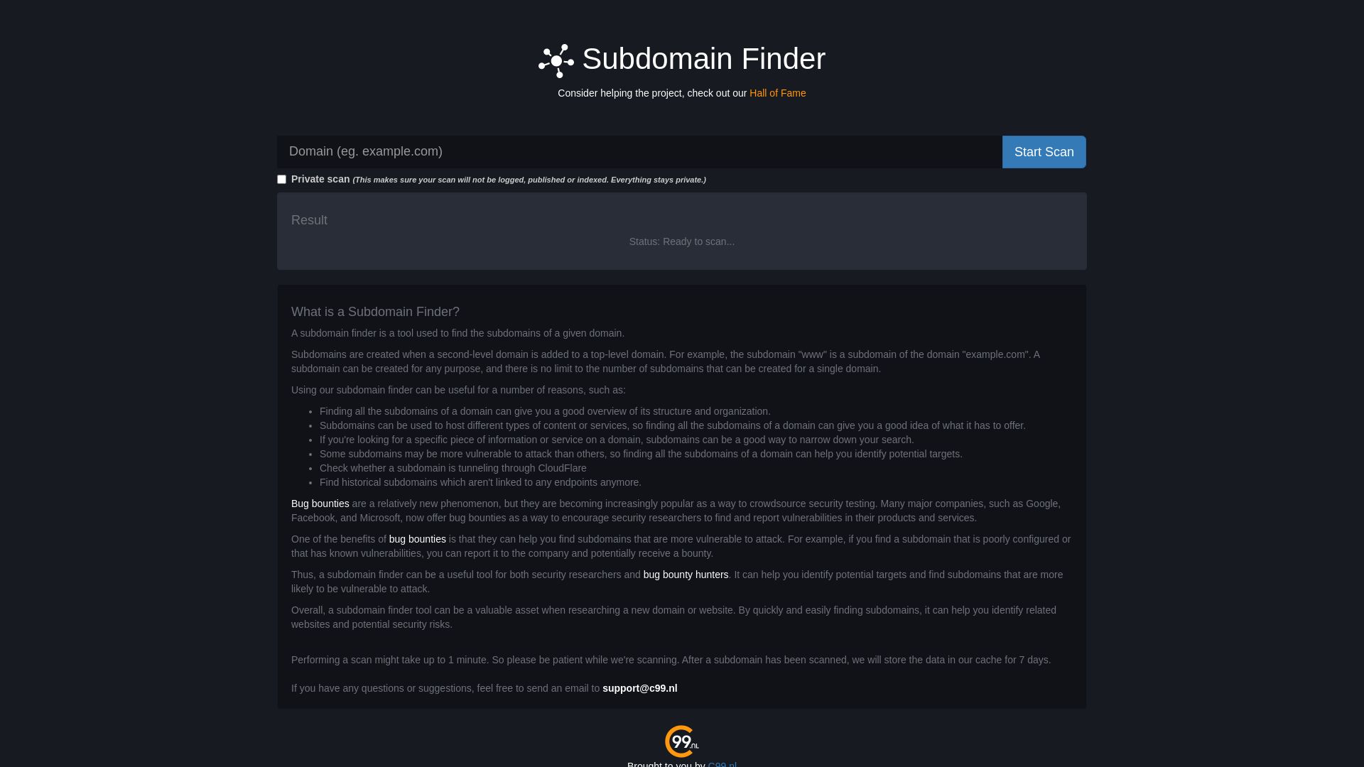 Stato del sito web subdomainfinder.c99.nl è   ONLINE