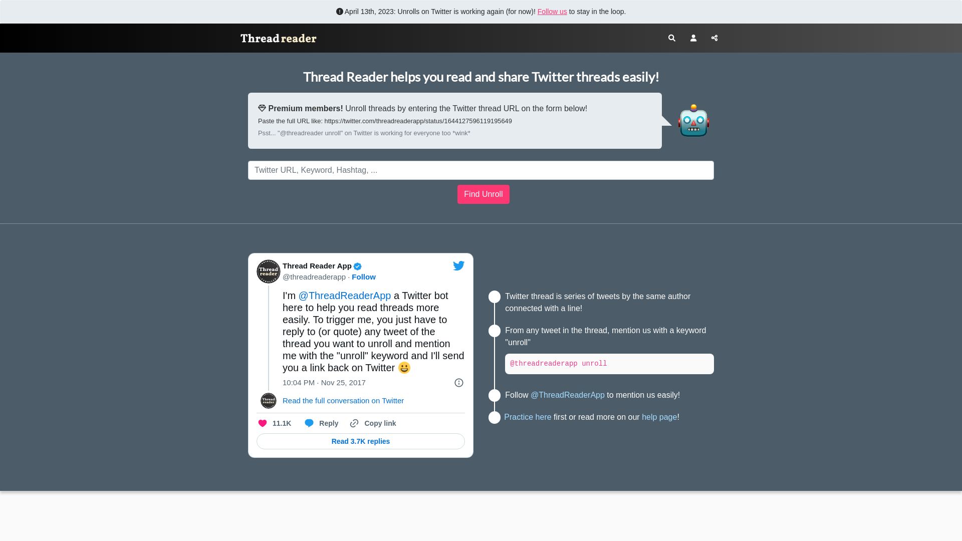 Stato del sito web threadreaderapp.com è   ONLINE